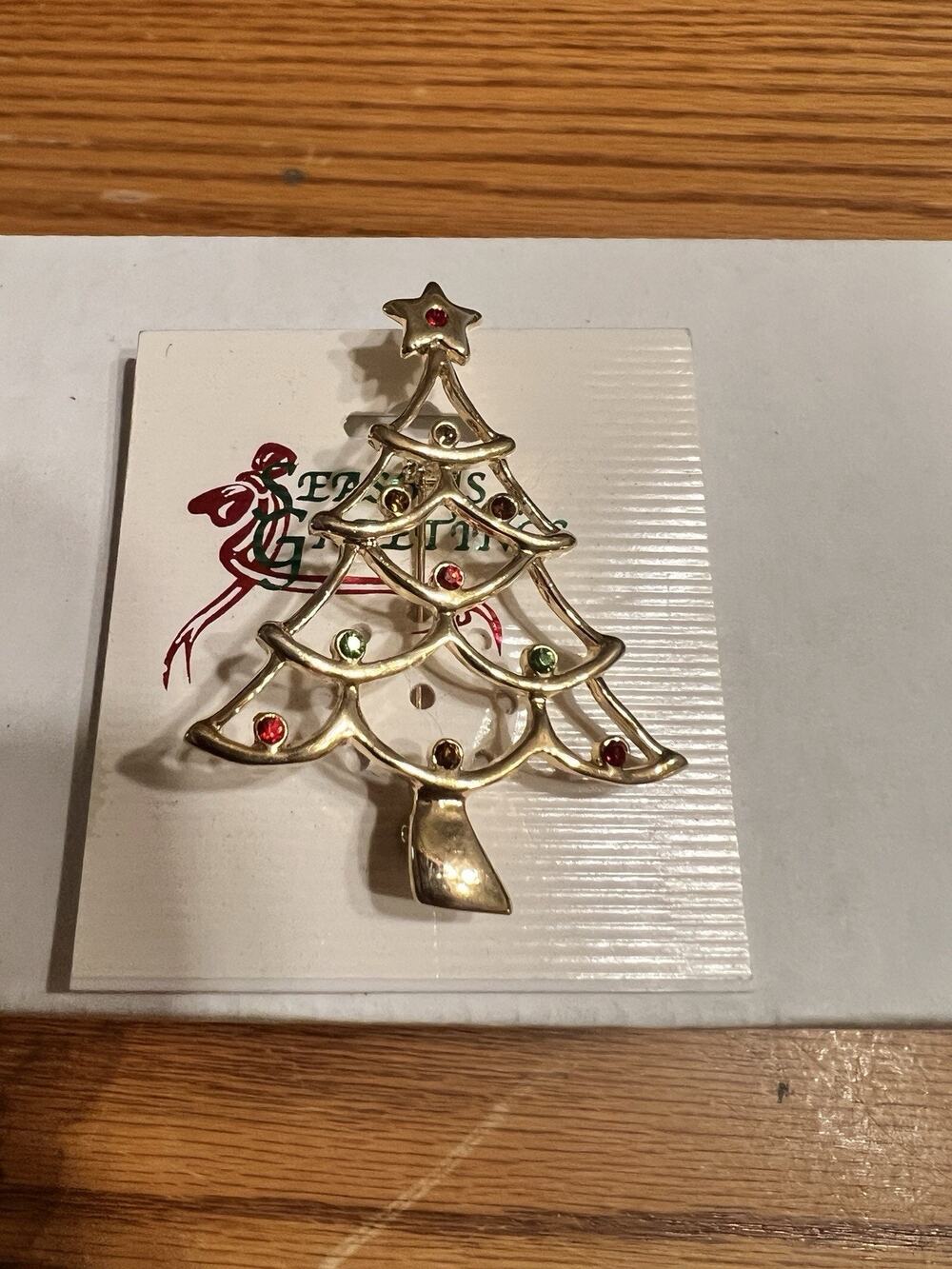 Happy Holidays Christmas Tree Brooch Pin, Gold Color w/ Round Multicolor Crystal